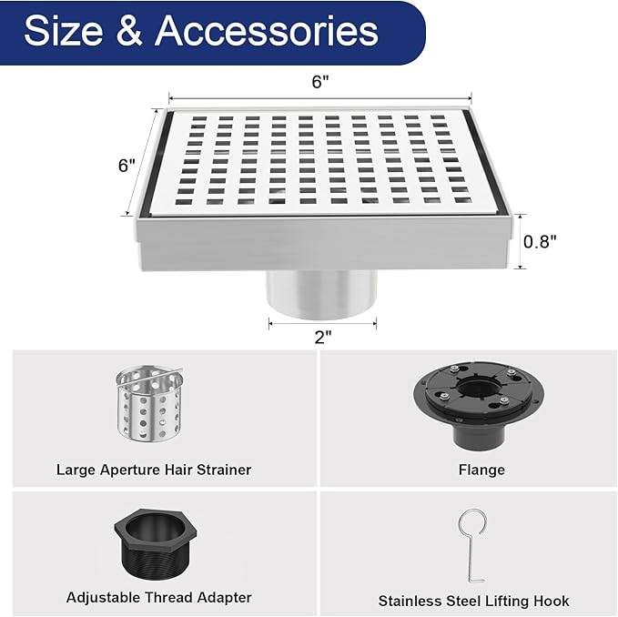 Square Shower Drain | 6 Inch AISI 304 Stainless Steel Shower Drain Kit with ABS Flange, Hair Strainer, Brushed Nickel Shower Floor Drain with Removable Grid Cover, in Bathroom, Kitchen, Balcony etc.