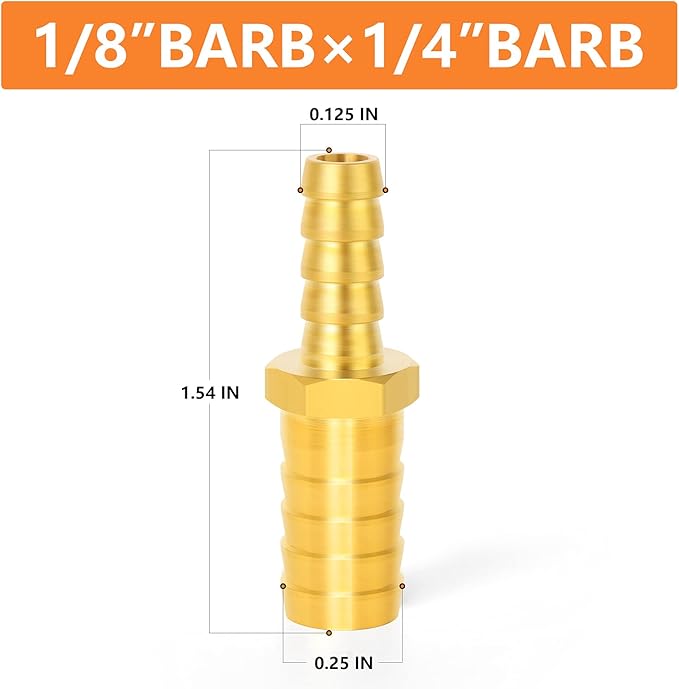 GASHER 10 Pieces Brass Hose Barb Reducer, 1/4 Inch to 1/8 Inch Barb Hose ID with 20 Hose Clam, Brass Barb Reducer SPLICER Fitting Fuel/AIR/Water/Oil/Gas/WOG