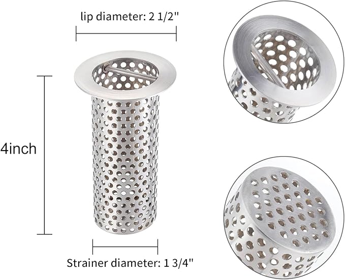 Commercial Floor Drain Strainer, 2 1/2" Lip Diameter x 4" Tall Perforated Cylindrical Mesh 316 Stainless Steel Drain Strainer with Carry Handle for Restaurant/Factory/Kitchen/Laboratory