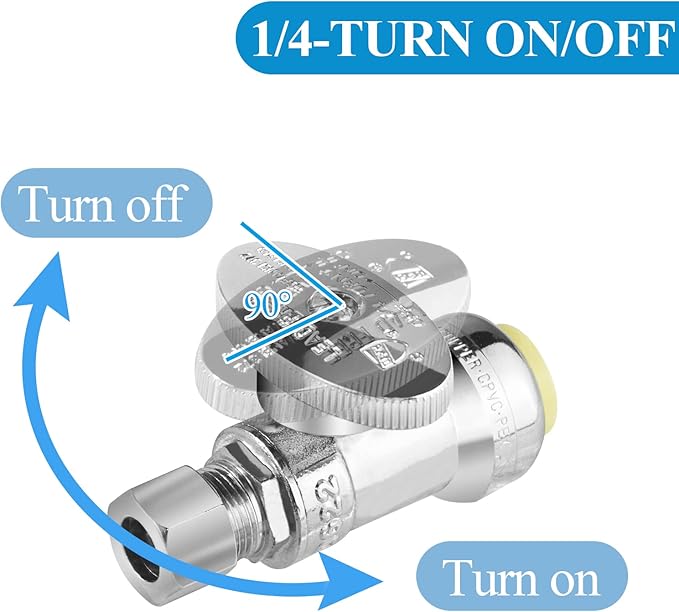 WiseWater Push Connect Straight Stop Valve 1/2" x 1/4", 1/4 Turn with Disconnect Clip, Chrome Plated Brass Shut Off Valve for PEX Copper CPVC Pipes (10-Pack)
