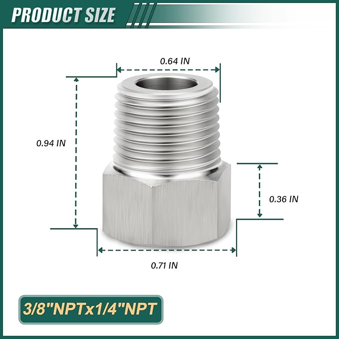2PCS 304 Stainless Steel Reducer Hex Bushing, 3/8" NPT Male x 1/4" NPT Female, Reducing Pipe Adapter Fitting, for Air/Fuel/Water/Gas/Oil