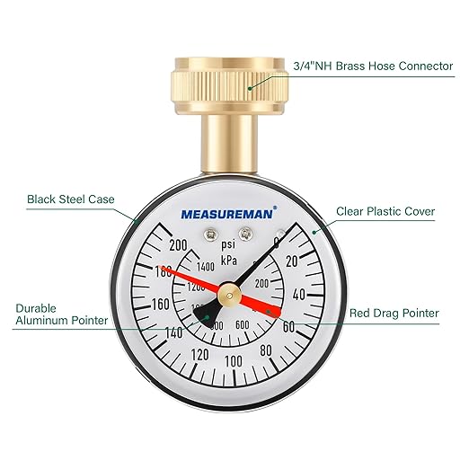 MEASUREMAN 2-1/2" Water Pressure Test Gauge - 0-200psi/kpa, 3/4" Female Garden Hose Thread, Memory Red Pointer, Garden Hose Pressure Tester