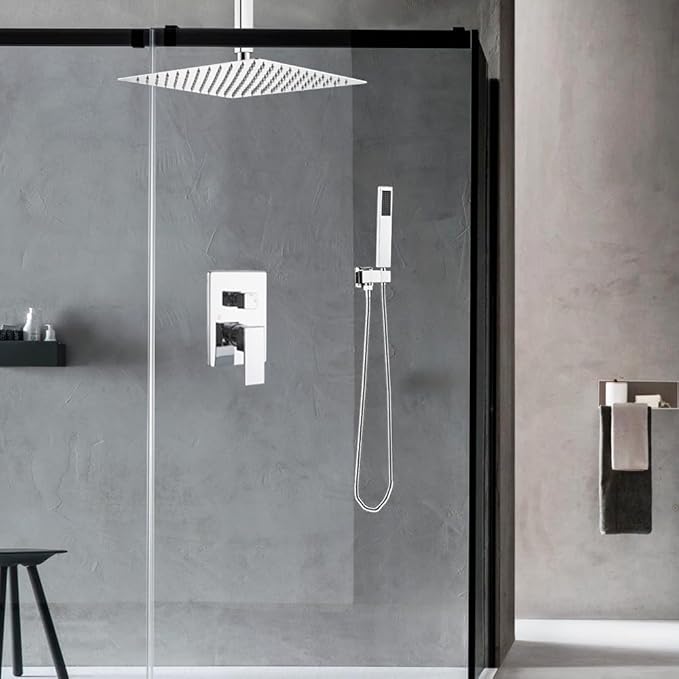 16 Inch Ceiling Mount Polished Chrome Shower System Bathroom Luxury Rain Mixer Shower Combo Set Ceiling Rainfall Shower Head System (Contain Shower Faucet Rough-in Valve Body and Trim Kit)