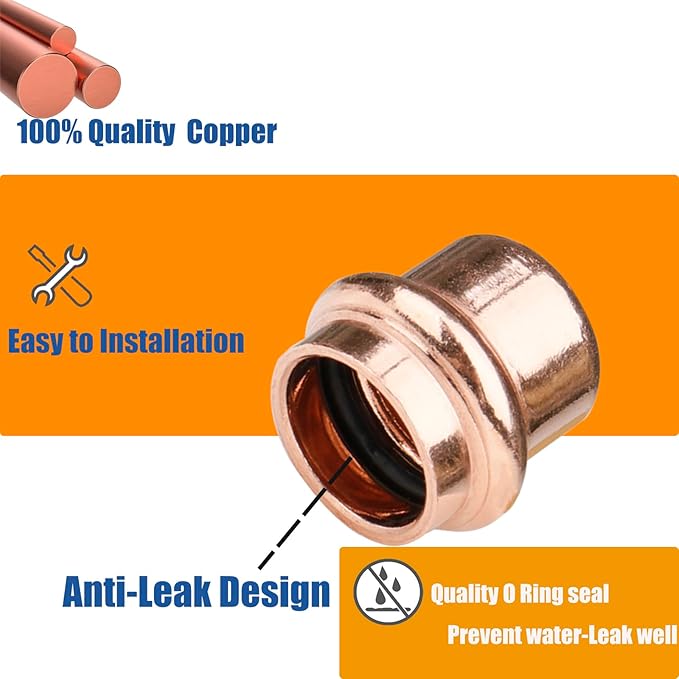 WHK 12 Pack 1/2 Inch Press Propress Copper End Cap Press Pro Press 1/2" Cooper End Plug Press Fittings Copper Pipe End Cap(Lead-Free)