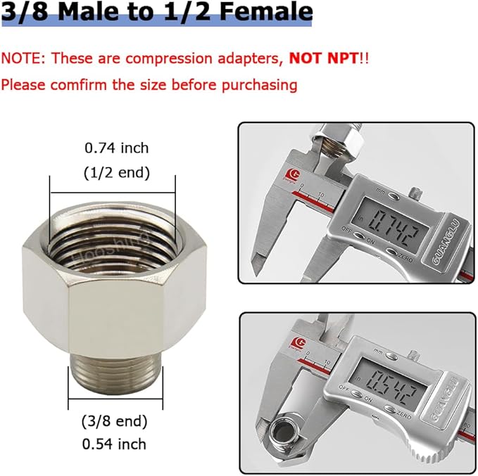 Hooshing 2PCS Faucet Hose Adapter 1/2 G Female to 3/8 Male Compression Brass Pipe Fitting Water Hose Adapter for RV Kitchen Bathroom Plumbing Pipe Connector with Washers