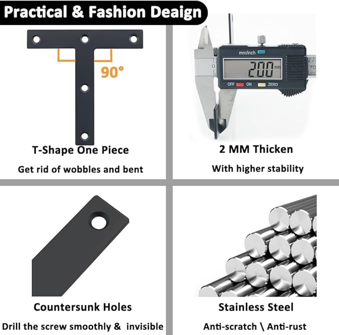 SAYAYO T Brace, 120x120mm (5" x 5") T Brackets Mending Plate Flat Repair Plates Joining Bracket Brace, Stainless Steel Matte Black, 6 Pcs