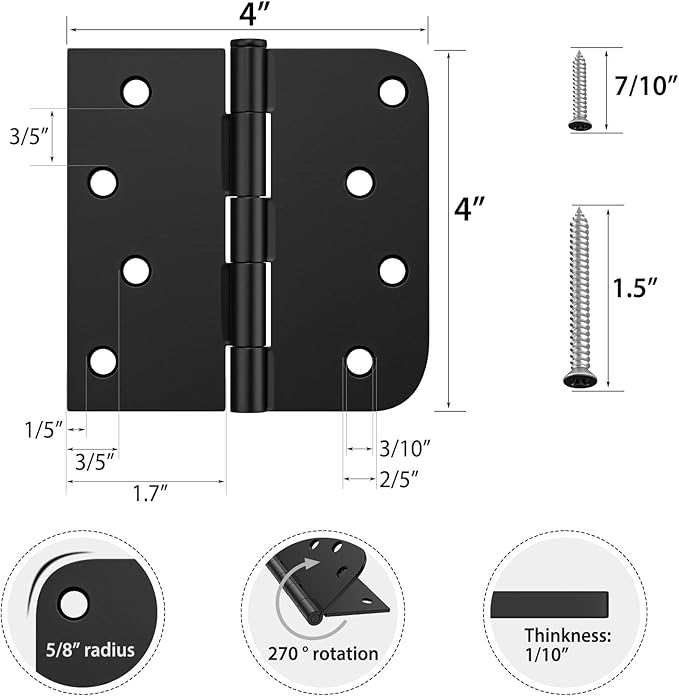 HOSOM 12 Pack Matte Black Door Hinges 4 Inch, Exterior Door Hinges with 5/8" Radius & Square Corners, Removable Pin, Perfect for Heavy-Duty Front & Back Door, Anti-Rust & No Squeaks