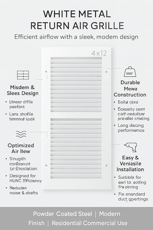 6 x 10 Inch Return Air Vent Cover, Solid Steel HVAC Grille for Wall or Ceiling, White Duct Opening, Durable Return Air Vent Cover, Airflow Ventilation Grille for Home or Office