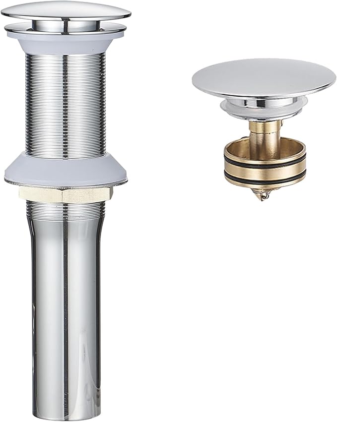 BWE Chrome One-Piece Bathroom Sink Drain Stopper Without Overflow Vessel Vanity Faucet Bathroom SinkPop-Up Drain Assembly with Strainer for Bathroom