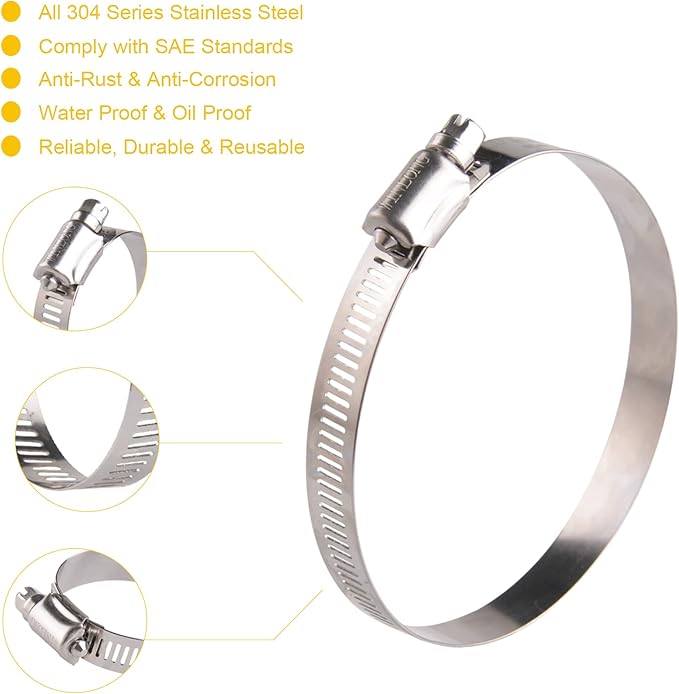 Winlong 3.5'' Stainless Steel Hose Clamps, 8PK SAE 56 Worm Gear Drive Hose Clamps Clamping Range 3 to 4 Inch (76-102mm) for Automotive Plumbing, 3 1/2'', 3 3/4'', 3 1/4'' Clamps