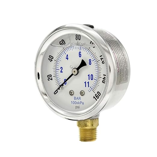 PIC Gauges PRO-201L-254F 0-160 PSI Pressure Gauge, 2 1/2" Dial, 1/4" Male NPT Connection, Bottom Mount, Dual Scale, Glycerin Filled, Stainless Steel Case/Bezel, Brass Internals & Plastic Lens