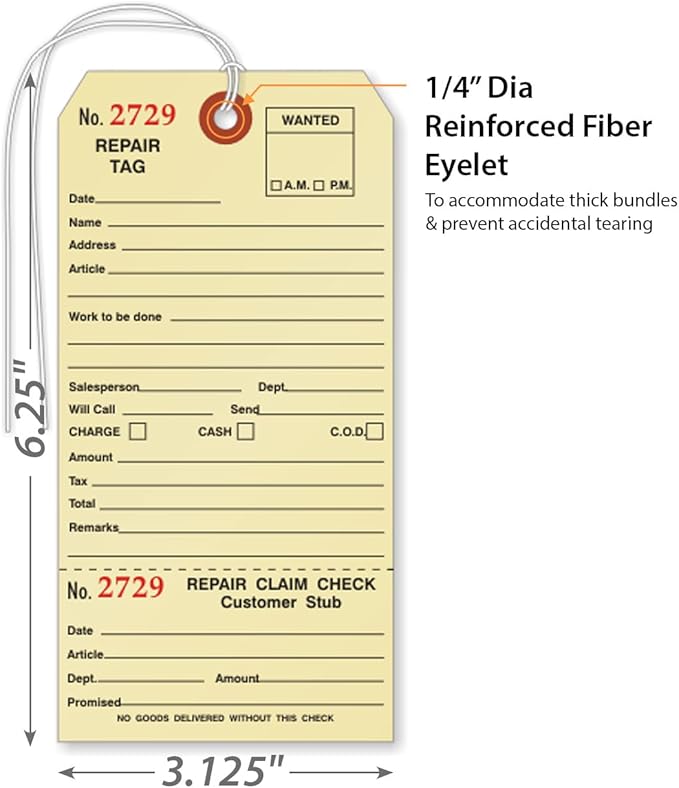 SmartSign Pack of 500 Sequentially Numbered Repair Tags with Attached String | 3.125" x 6.25" Manila Cardstock