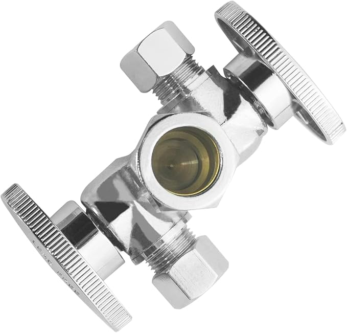 WiseWater Dual Shut Off Valve 5/8" O.D Comp x 3/8" O.D Comp x 3/8" O.D Comp Water Shut Off Valve, 1/4 Turn Double Angle Stop Valve for Refrigerator, Ice Maker, Coffee Brewers, Water Filters (1 Pack)