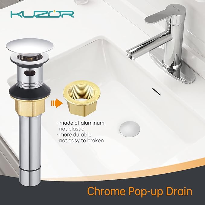 Chrome Pop Up Bathroom Sink Drain with Overflow - Fits 1-5/8" to 2" Holes, 304 Stainless Steel for Vanity/Vessel Sink