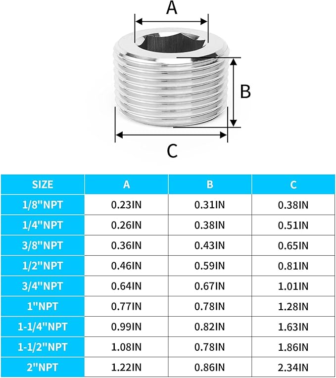 ChillWaves 304 stainless steel Pipe Fitting, Internal Hex Head Socket Pipe Plug Fitting，1/8" NPT Male，Thread Adapter(12-PACK)