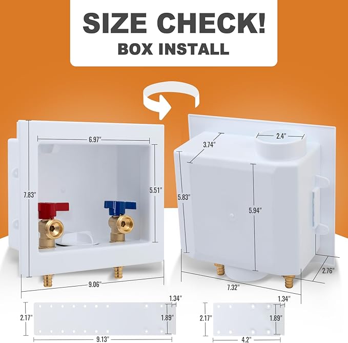 SUNGATOR Pex Washing Machine Outlet Box with Center Drain, Laundry Washer Valve Box, 1/2 Inch Pex Crimp Inlet x 3/4 Inch MHT Outlet，with 4 Crimp Rings
