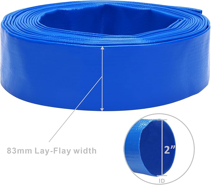 Lay-Flat Pool Backwash Hose - 2" x 25Ft Reinforced Heavy Duty PVC Discharge Hose Weather-Proof Vinyl Pool Drain Hose for Water Transfer with 2 clamps