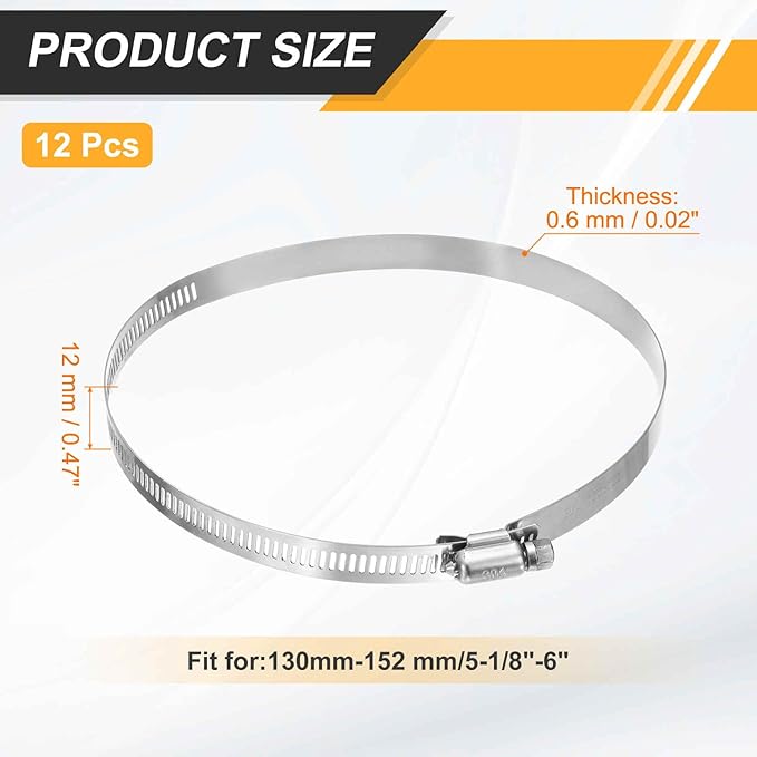 HARFINGTON 12 Pcs Hose Clamp 5-1/8"-6" (130-152mm) 304 Stainless Steel Adjustable Worm Gear Hose Clamp with Phillips Screw Assortment Kit for Fuel Line Pipe Plumbing Automotive Tube