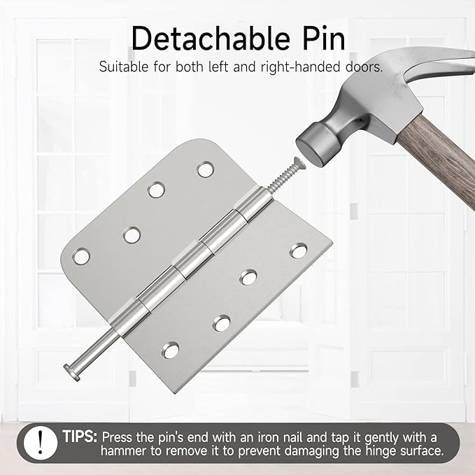 HOSOM 3 Pack Brushed Nickel Exterior Door Hinges 4 Inch, 5/8" Radius, Removable Pin, Perfect for Heavy-Duty Front & Back Door, Antirust & No Squeaks