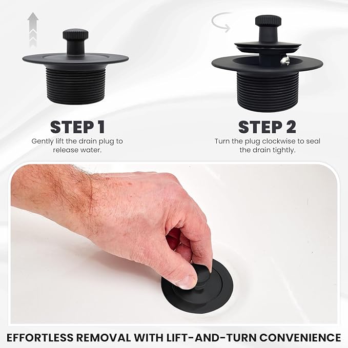 Matte Black Bathtub Drain Kit - Lift and Turn - Black Tub Drain and Overflow Cover. Universal Fit 1-3/8" and 1-1/2"