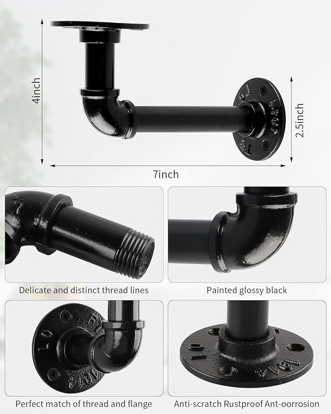 MUZIK Industrial Pipe Shelf Brackets, L Pipe Black Floating Shelf Brackets Heavy Duty - Vintage Iron Finish DIY Shelving Brackets for Shelves (7*4 Inch)