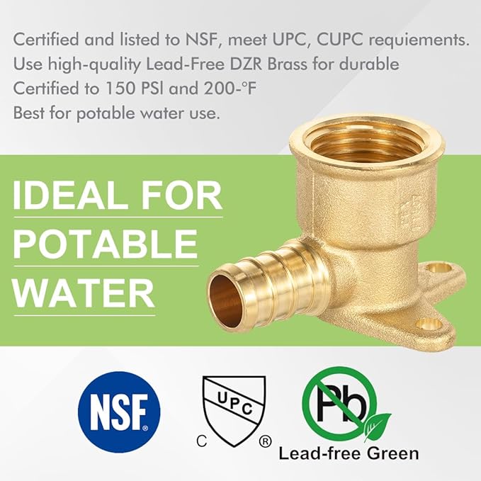 10 Pack Drop Ear Elbow Fittings,1/2" PEX x 1/2" NPT Female Threaded Brass Barb Pex Fittings, Full Port for PEX pipes, NSF/ANSI 61 NSF 372 Certificate, ASTM F1807 Certified