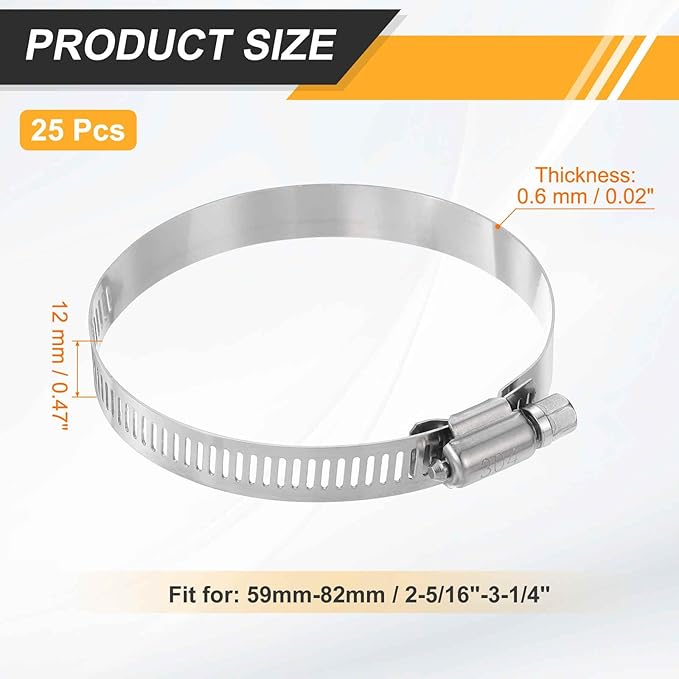 HARFINGTON 25 Pcs Hose Clamp 2-5/16"-3-1/4" (59-82mm) 304 Stainless Steel Adjustable Worm Gear Hose Clamp with Phillips Screw Assortment Kit for Fuel Line Pipe Plumbing Automotive Tube