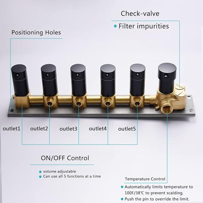 AYIVG 6 Outlet 5 Functions Brass Shower Diverter Thermostatic Valve Pressure Balanced Mixer with Trim Can Use All Function At a Time Flow Can Be Controlled Matte Black