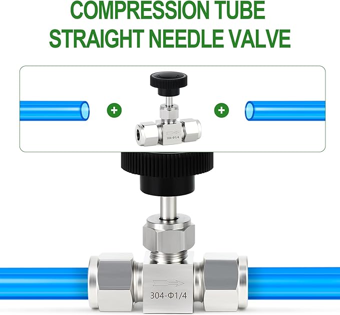 TAISHER 1PCS 304 Stainless Steel Compression Tube Square Straight Needle Valve 1/4" Tube OD x 1/4" Tube OD For Flow Control Water Gas Oil