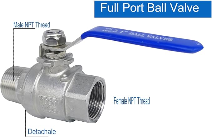 Full Port Ball Valve 1" NPT Heavy Duty Stainless Steel 304 Male x Female Thread For Water,Oil and Gas（1000WOG）