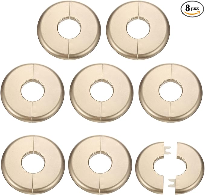HARFINGTON 8pcs Wall Split Flange 26.5mm/1" Self-Adhesive Plumbing Cover Plates ABS Plastic Round Escutcheon Plate Buckle Design for Water Pipe Bathroom Kitchen Decoration, Gold Tone