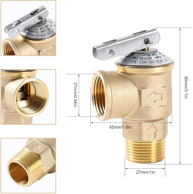 150PSI Temperature and Pressure Relief Valve 3/4" NPT Threaded, Push to Connect Brass Plumbing Fittings, Copper