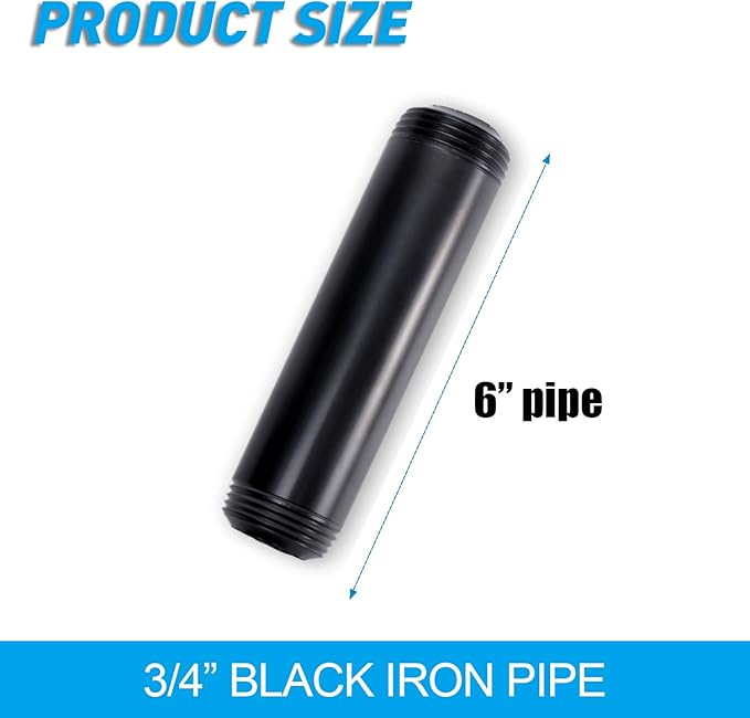 3/4" x 6" Black Painted Iron Pipe, Home TZH 10 Pack Threaded Black Paint Finish Metal Pipe Nipple for DIY Project/Furniture/Shelving Decoration(10, 6")