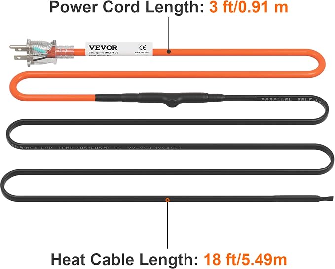 VEVOR Self-Regulating Pipe Heating Cable, 18-feet 5W/ft Heat Tape for Pipes Freeze Protection, Protects PVC Hose, Metal and Plastic Pipe from Freezing, 120V