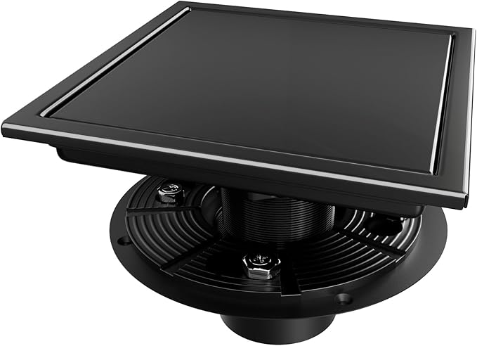 Square Shower Drain, Black Shower Drain 6 inch with Flange and 2 in 1 Tile-Insert Cover, AISI 304 Stainless Steel Matte Black Shower Floor Drain with Hair Catcher and Flange