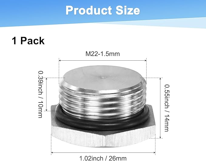2-Pack Outer Hex Head Thread Pipe Plug Fitting, M22x1.5mm Male 304 Stainless Steel Solid Thread Bung Plug with Sealing Ring for Terminating Pipe Ends