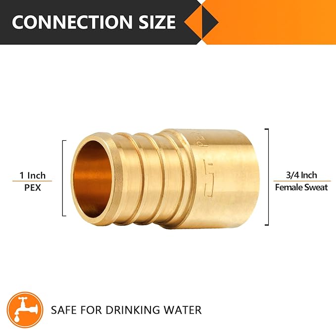 10-Pack HeSun PEX Fittings, 1" PEX x 3/4" Female Sweat Adapter (Over Copper Tube), Brass Crimp Fitting for ASTM F1807(PEX1807290-10)