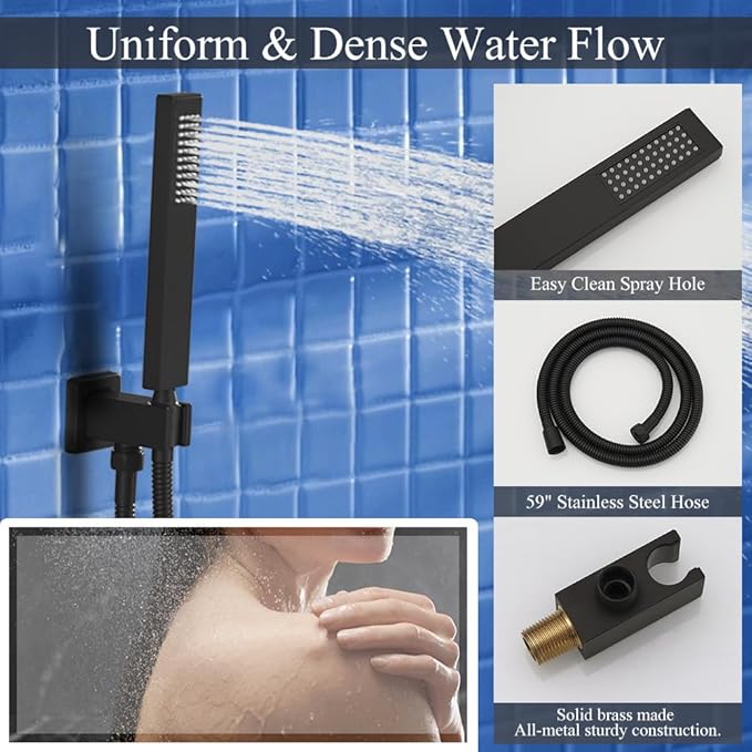 Matte Black Shower System, Knob Switch Diverter Shower Faucet Set with High Pressure Handheld Spray, Ceiling Mount 10 Inch Shower Head with 6 Inch Wall Mount Shower Head