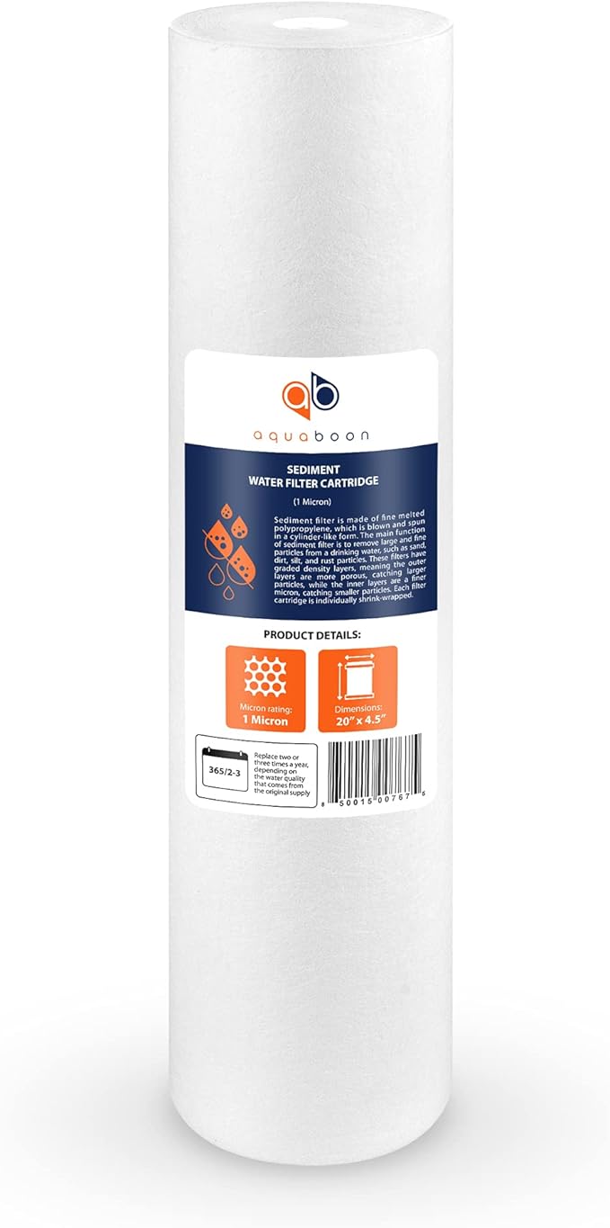 Aquaboon 1 Micron 20 x 4.5 Sediment Water Filter Replacement Cartridge | Whole House Sediment Filtration | Compatible with AP810-2, SDC-45-2005, FPMB5-20, P5-20, FP25B, 155358-43, 4 Pack