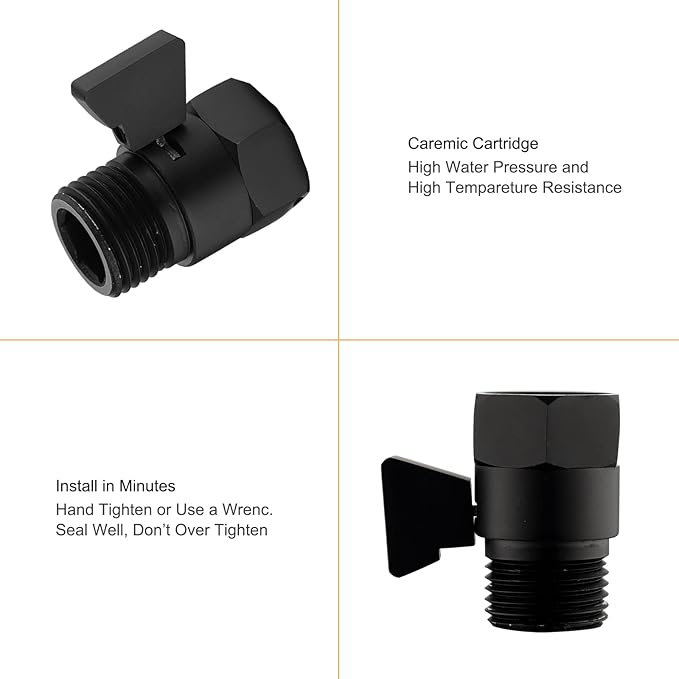 Matte Black Water Flow Control Valve, G1/2" Shower Head Flow Control Brass Shut Off Valve for Handheld, Water Pressure Regulator Replacement for Shower System