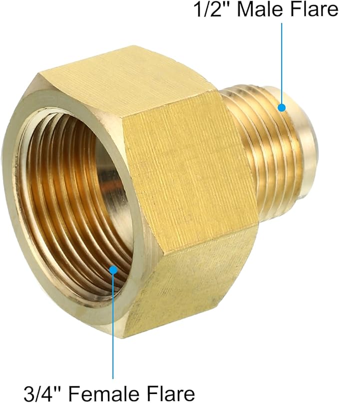 PATIKIL 3/4 Inch (1-1/16-14UNF) Female x 1/2 Inch (3/4-16UNF) Male SAE 45 Degree Flare Brass Connector for Air Gas Pipeline Refrigeration HVAC