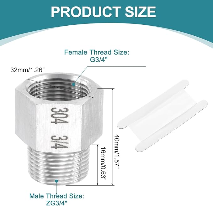uxcell Pipe Fitting Reducing Adapter, ZG3/4" Male x G3/4" Female 304 Stainless Steel Reducer Connector for Water Oil Air Pressure Gauge, Silver
