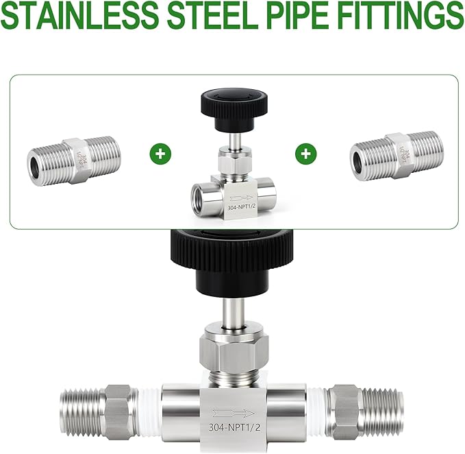 TAISHER 1PCS 304 Stainless Steel Straight Needle Valve 1/2" Female NPT For Flow Control Water Gas Oil With Nipple