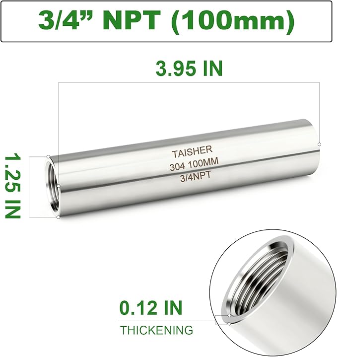 TAISHER 2PCS Stainless Steel Pipe Fittings, 3/4" NPT Female x 3/4" NPT Female Threaded, 4" Length Thickened Nipple Cast Pipe