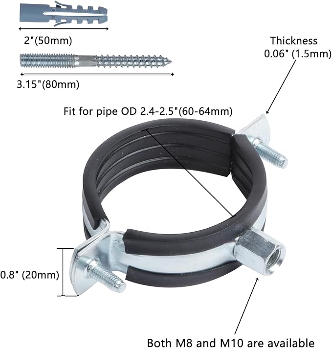 4 PCS Split Ring Pipe Hanger, Heavy Duty Adjustable Pipe Bracket Clamp with Screw & Expansion Tube, Wall Ceiling Mount Galvanized Iron Pipe Strap Supports Fit for Pipe OD 2.4-2.5 Inch(60-64mm)