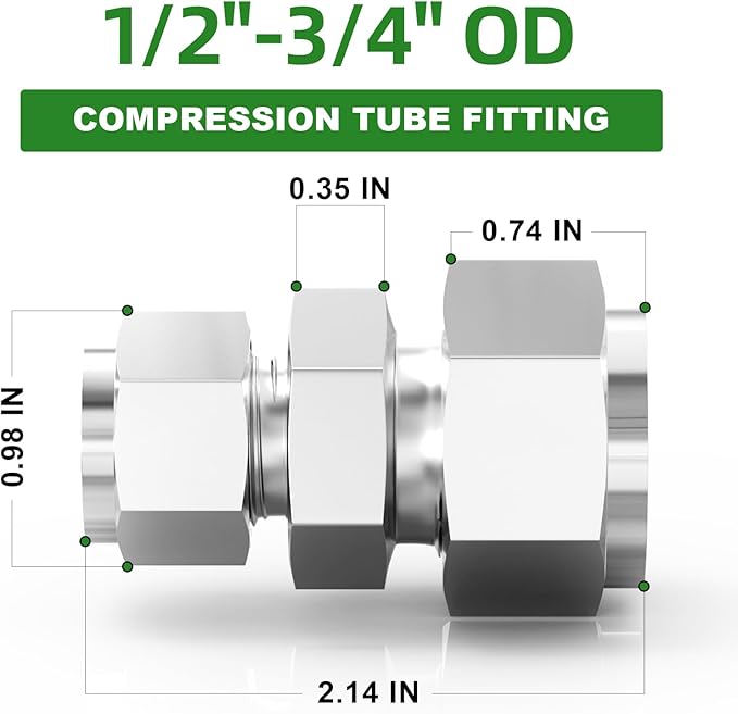 TAISHER 1PCS 304 Stainless Steel Compression Tube Pipe Fitting Connector, 3/4" Tube OD x 1/2" Tube OD Straight Adapter