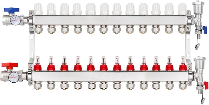 12-Branch PEX/Radiant Heat Manifold，1/2" PEX Tubing Manifold,304 Stainless Steel Floor Heat Manifold Kit with 1/2" Adapters Included for Hydronic Radiant Floor Heating (12-Loop)
