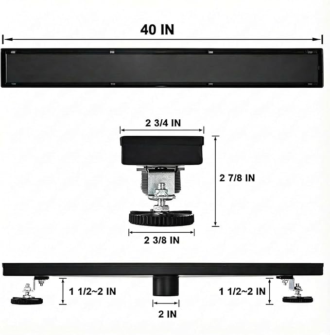 Linear Shower Floor Drain, Black 40 Inch 304 Stainless Steel Bathroom Drains Kit, Rectangular Shower Trench Drain with Reversable Tile-in Pattern Drain Cover & Hair Catcher