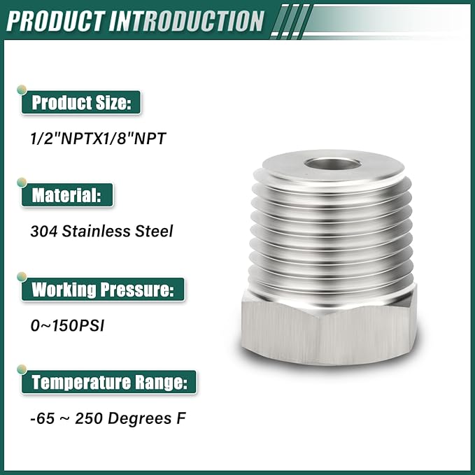 5PCS 304 Stainless Steel Reducer Hex Bushing, 1/2" NPT Male x 1/8" NPT Female, Reducing Pipe Adapter Fitting, for Air/Fuel/Water/Gas/Oil