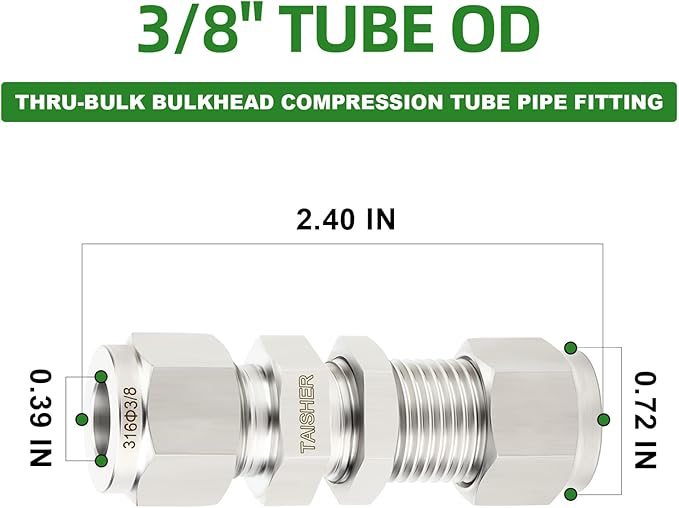 TAISHER 1PCS 316 Stainless Steel Thru-Bulk Bulkhead Compression Tube Pipe Fitting Connector, 3/8" Tube OD x 3/8" Tube OD Straight Adapter
